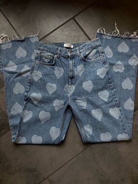 Pull&Bear Blue Denim Wide Leg Jeans with White Heart Print